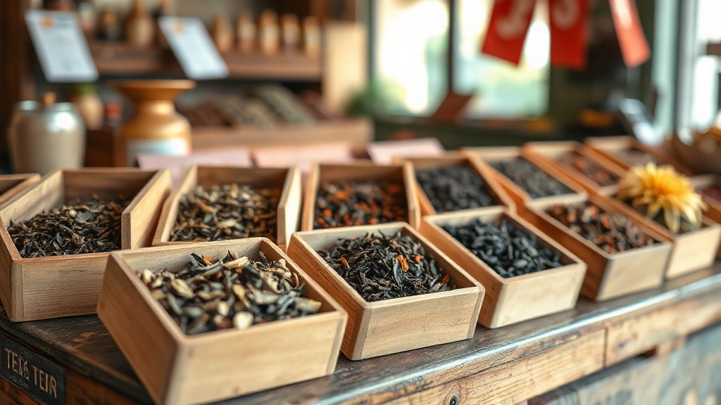 Différentes variétés de thés en feuilles dans des boîtes en bois sur un comptoir de brûlerie