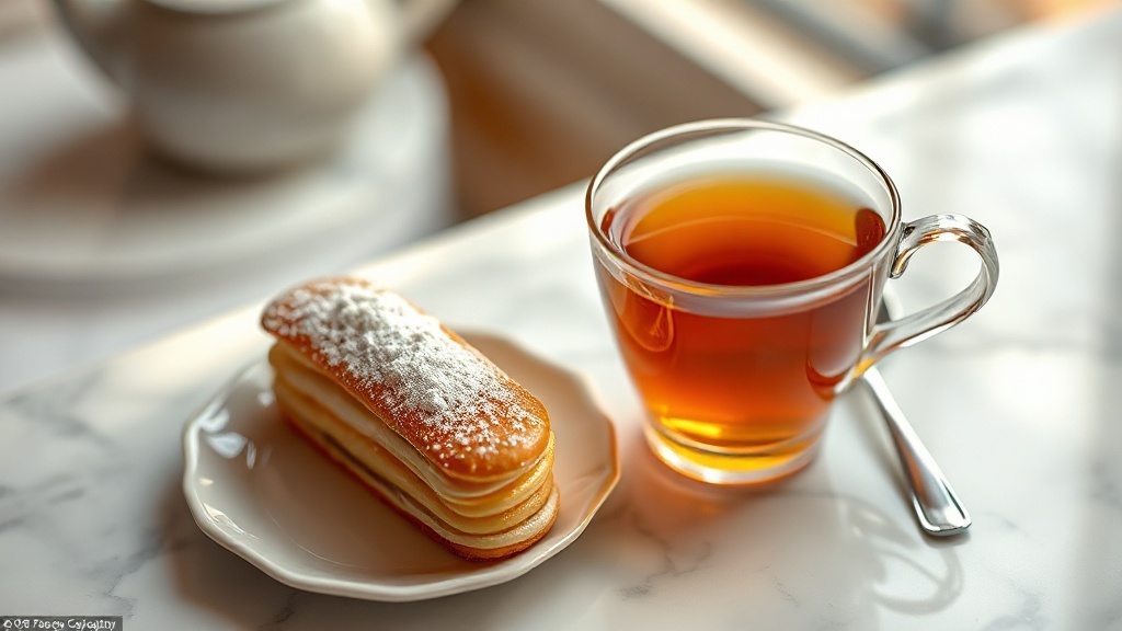 Accord pâtisserie française et thé en tasse de porcelaine sur marbre blanc