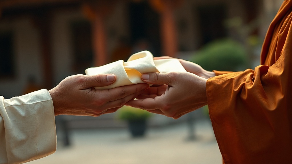 Two pairs of hands performing the khata offering gesture, one presenting and one receiving the white silk scarf