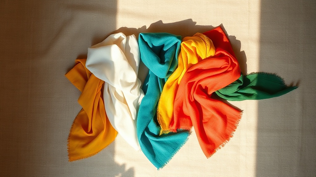 Five khata scarves in different ceremonial colors - white, yellow, blue, red, and green - arranged in a flat-lay