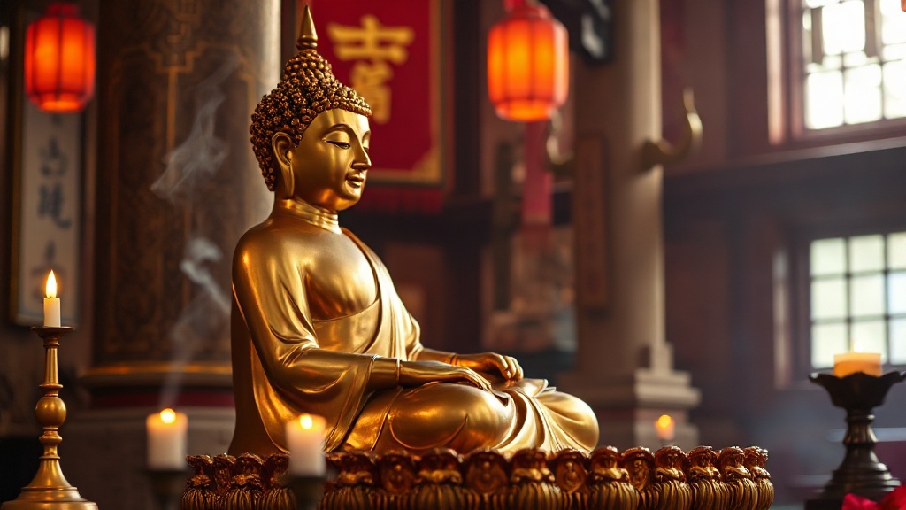 Statue de Bouddha en bronze doré dans le hall principal du temple bouddhiste Chan de Guangzhou