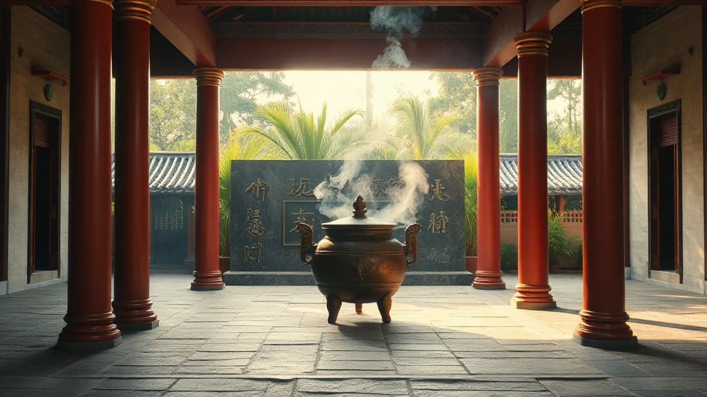 Cour intérieure du temple des Six Banians à Guangzhou avec brûleur d'encens en bronze