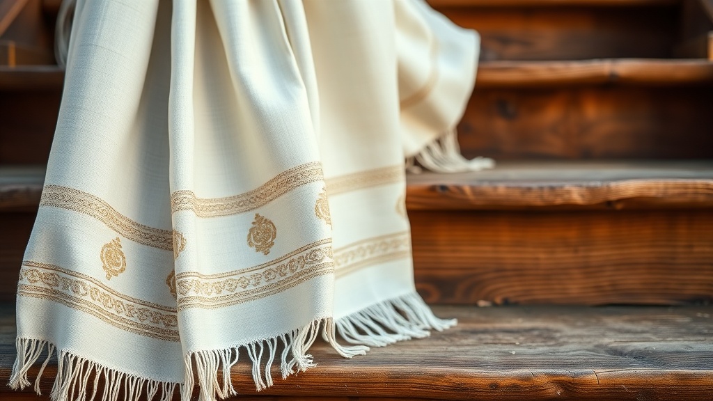 White silk khata scarf draped over monastery wooden steps, showing woven auspicious symbols and fringe detail
