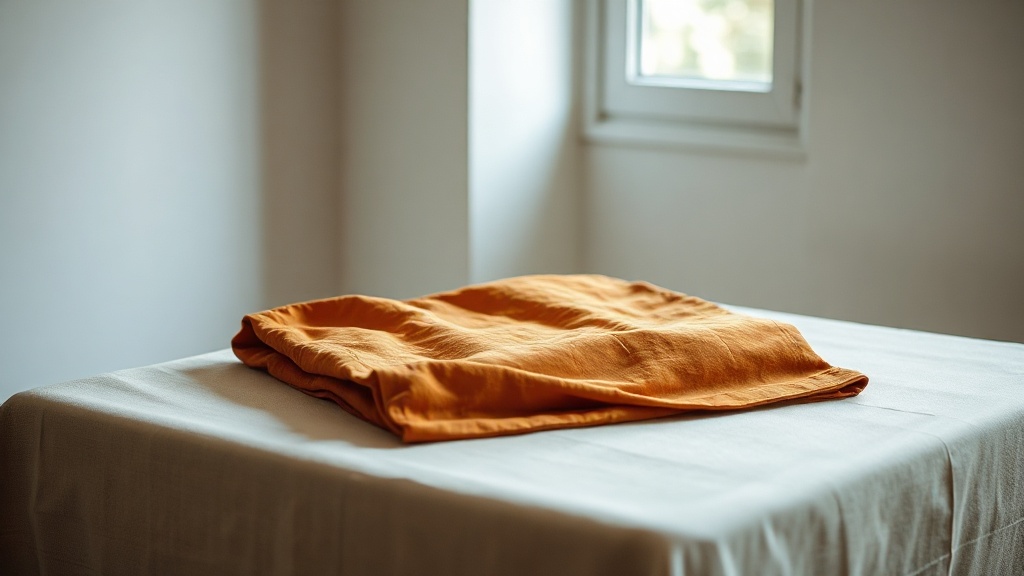 Robe de moine bouddhiste couleur ocre soigneusement pliée, symbole du kasaya et de l'engagement monastique