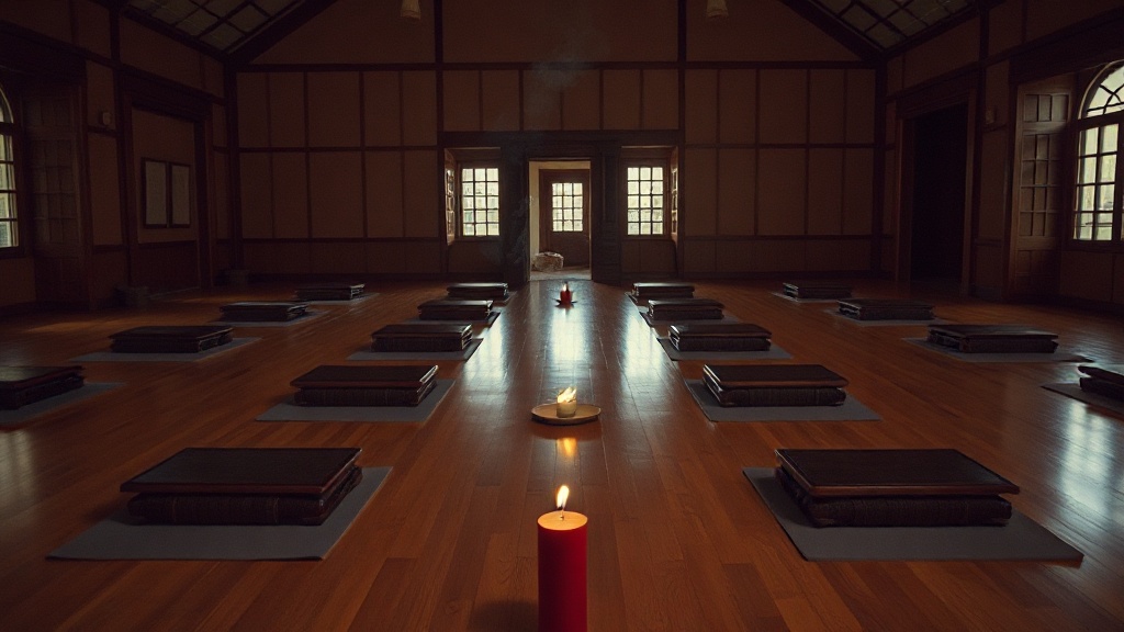 Salle de méditation bouddhiste vide à l'aube avec coussins de zazen alignés et bougie allumée