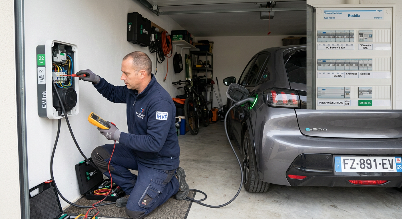 Borne de recharge électrique installée à domicile avec un véhicule en charge et un installateur vérifiant les branchements IRVE dans une ambiance claire.