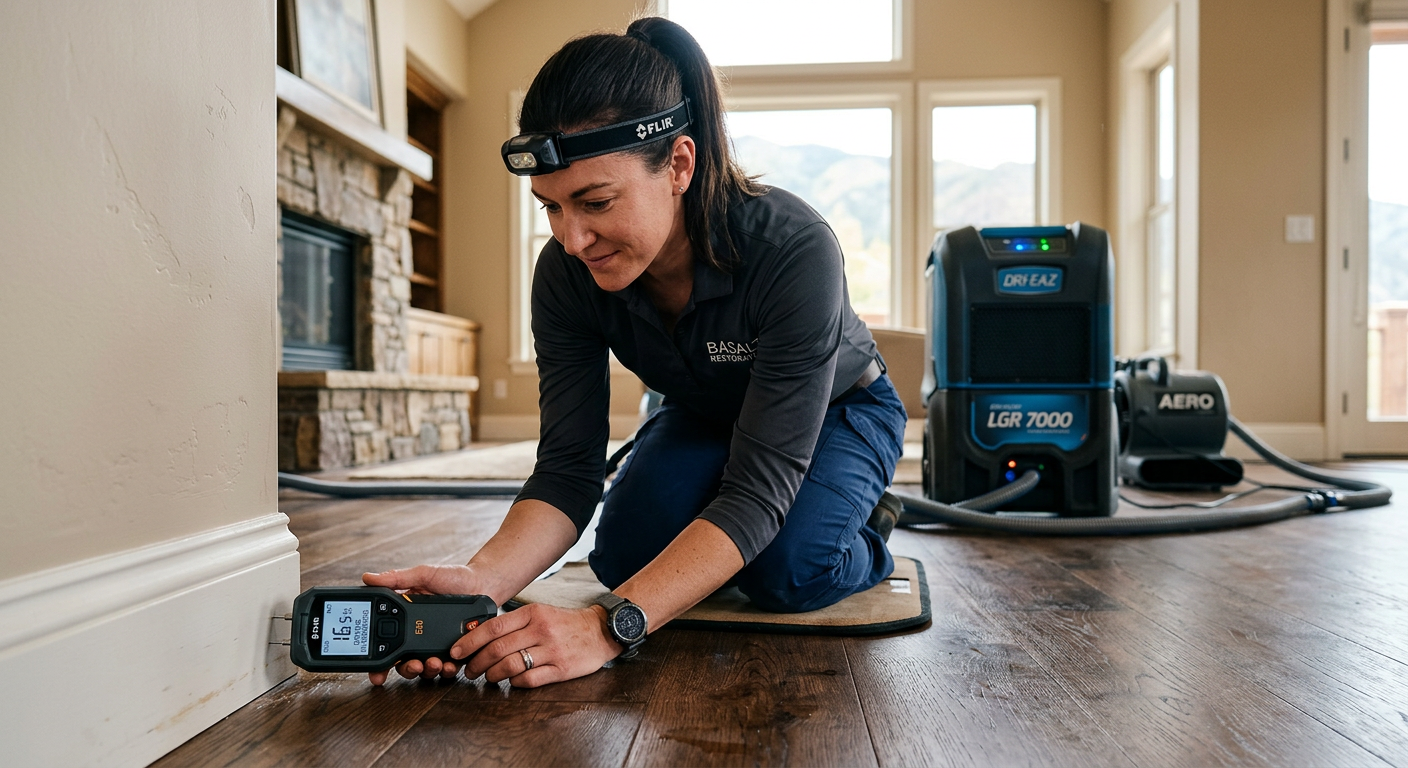 Emergency Water Extraction Basalt: Fast Help for Homes Today | Water Damage Cleanup & Restoration Company in Aspen | Helpers Photorealistic close-up of a restoration technician checking moisture levels along a baseboard and hardwood flooring in a ...