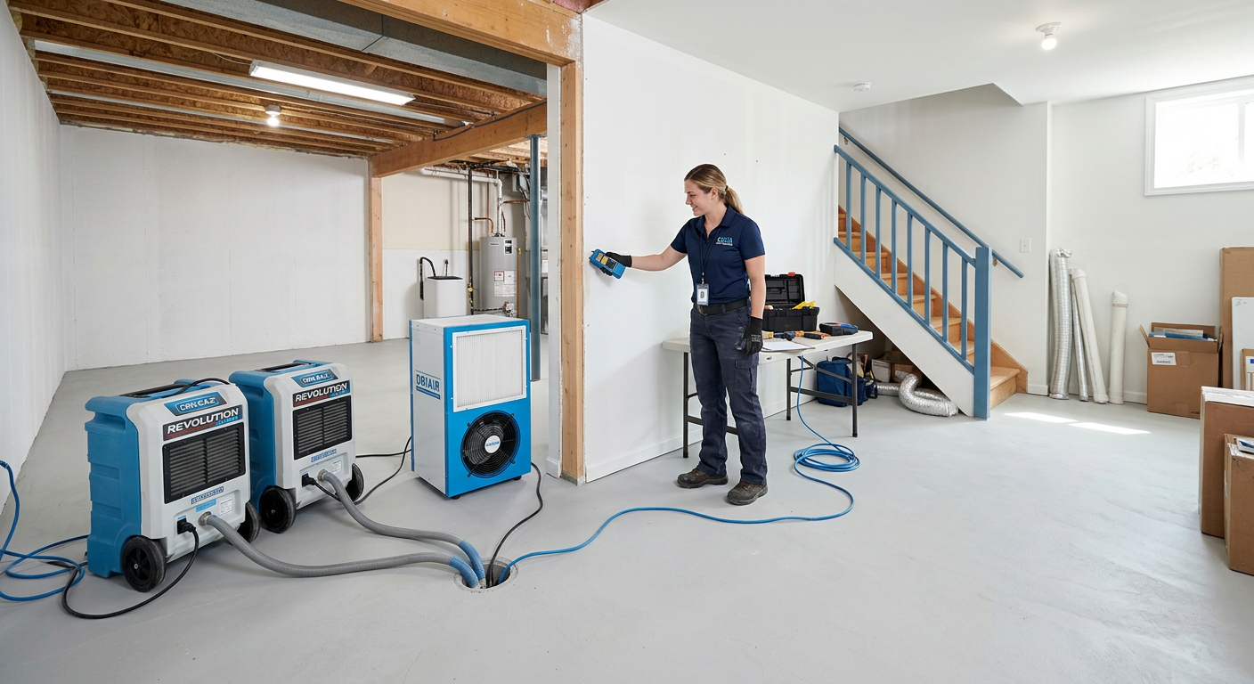 Photorealistic wide-angle view of a clean, partially restored basement with commercial dehumidifiers, air filtration equip...