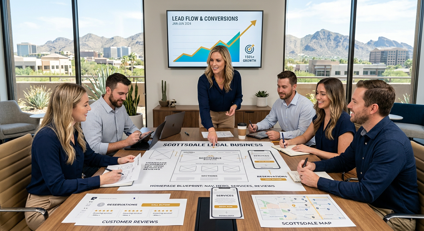 Website Redesign Benefits for Local Businesses That Drive Leads 3 Modern illustrative scene of a strategic website redesign workshop for a Scottsdale local business, showing a website blue...