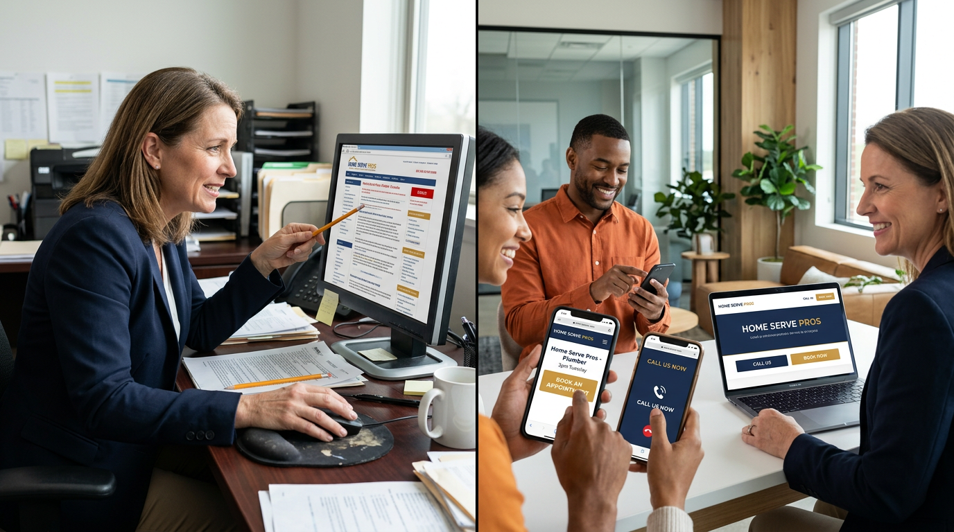 Website Redesign Benefits for Local Businesses That Drive Leads 2 Photorealistic split-scene showing a local service business owner reviewing an outdated, cluttered website on one side and...