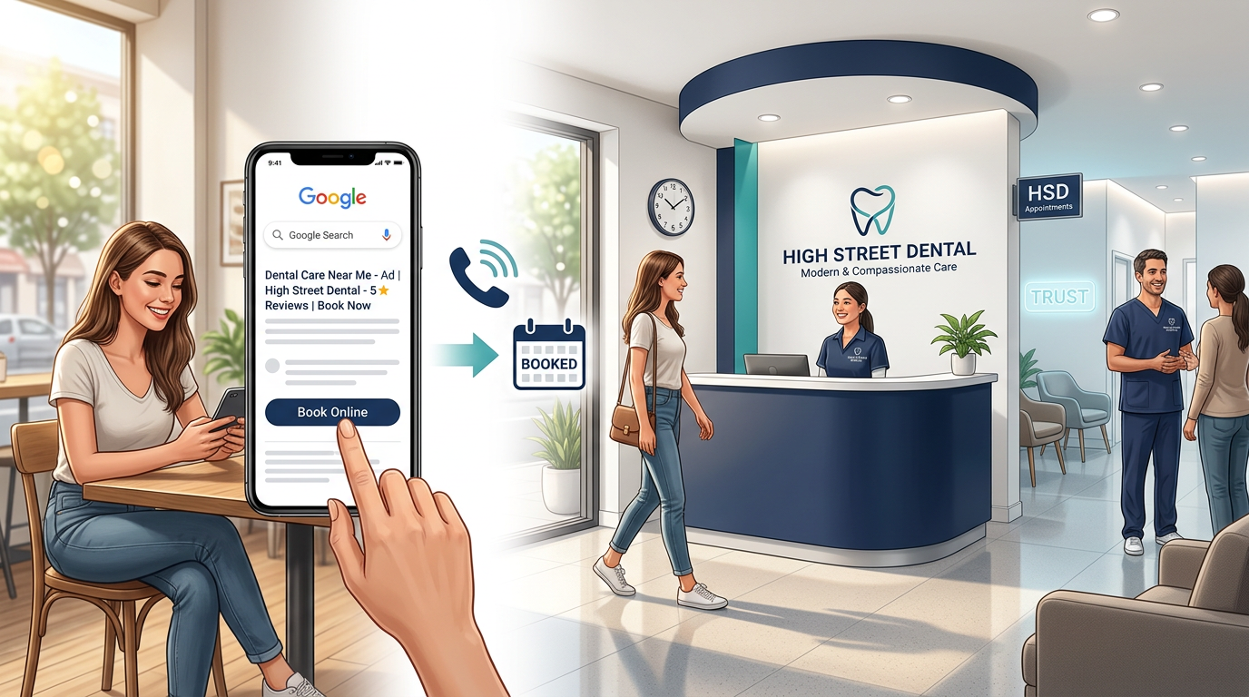 Modern illustrative scene of a dental patient journey, beginning with a local Google ad on a smartphone and flowing toward...