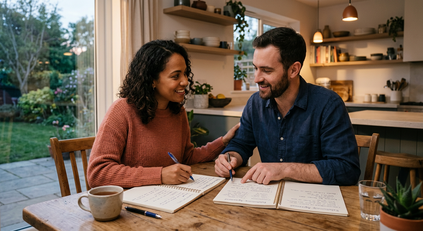 Warm modern illustration of two partners at a kitchen table creating a shared relationship agreement, notebooks open, hand...