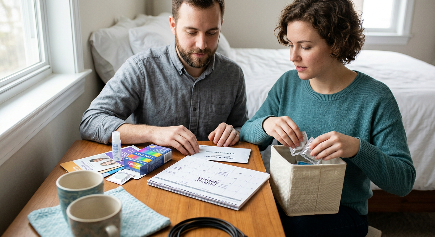 Photorealistic close-up of two adults organizing safer-sex supplies, a calendar, and sealed testing information on a clean...
