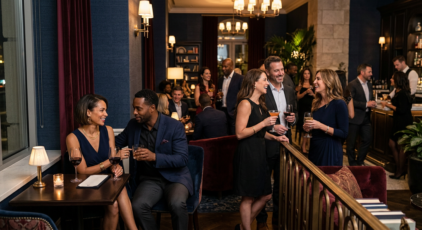 Photorealistic candid scene inside an upscale hotel lounge during a couples social, diverse adults in stylish evening atti...