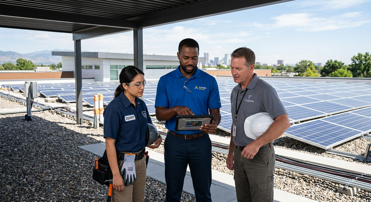 Photorealistic commercial solar project meeting on a shaded rooftop, showing a diverse dealer representative, electrician,...