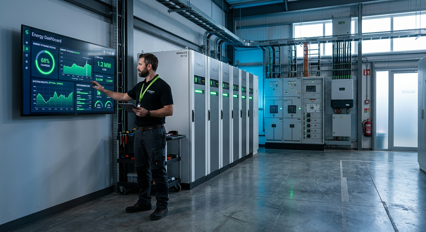 Photorealistic medium-wide scene inside a commercial facility energy room, an engineer reviewing a wall-mounted energy das...