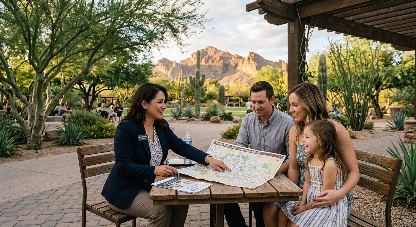 Best Phoenix Neighborhoods for Families: A 2026 Local Guide! Editorial-style photorealistic scene of a Phoenix real estate professional and a family reviewing a neighborhood map outdo...