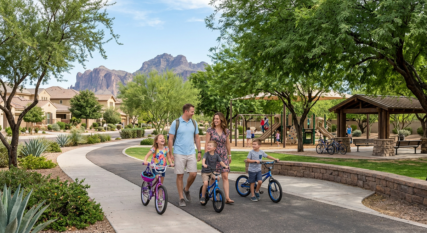 Best Phoenix Neighborhoods for Families: A 2026 Local Guide! Photorealistic family of four walking beside a shaded Phoenix neighborhood park with a playground, ramada, bicycles, and m...