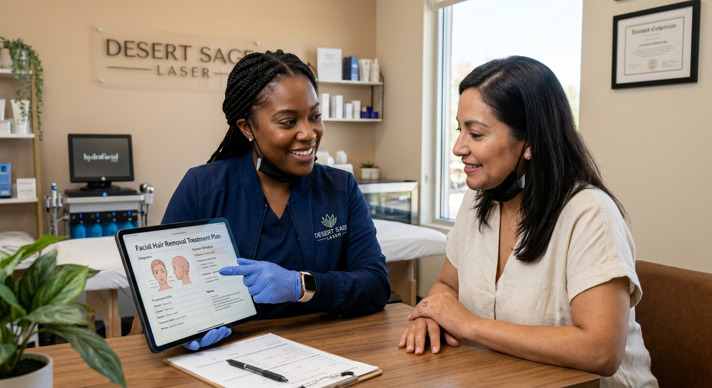 PCOS Facial Hair Removal Solutions for Long-Lasting Confidence | Electrolysis Permanent Hair Removal in Phoenix | Senza Pelo Med Spa Photorealistic close-up of a skilled hair-removal professional consulting with an adult client in a clean Phoenix treatmen...