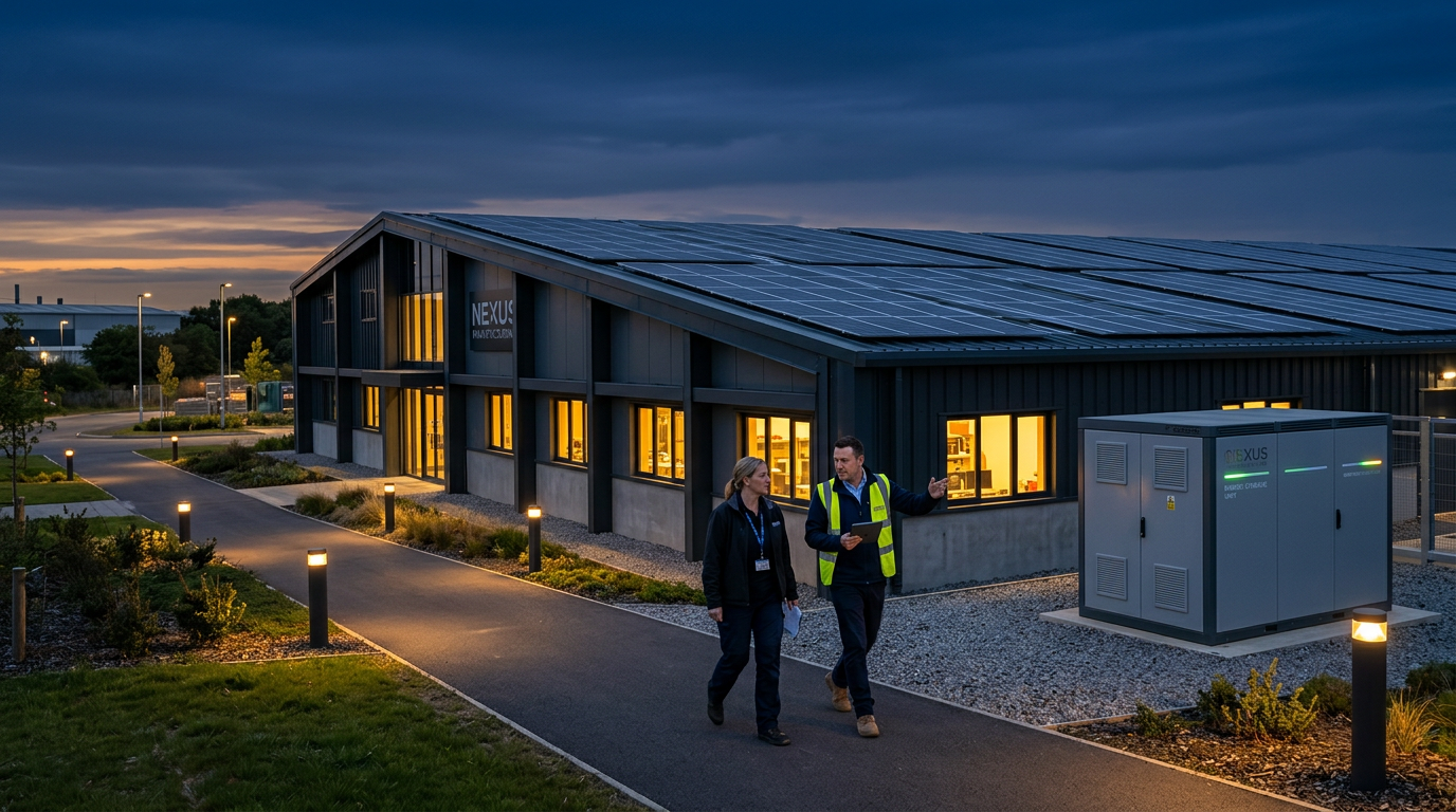 Photorealistic evening scene at a modern light industrial facility with rooftop solar and a compact battery storage enclos...