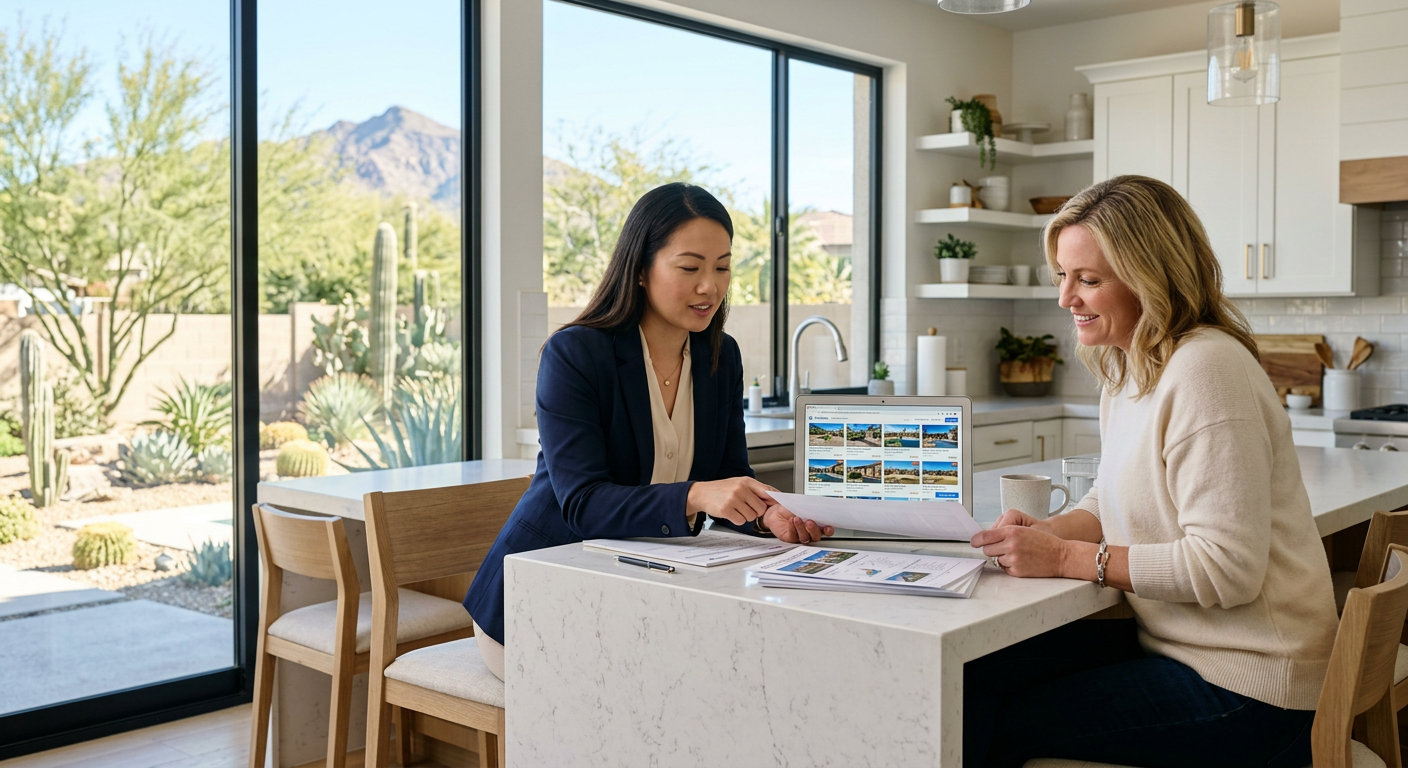 Selling a House in Phoenix: A Smart Guide for 2026 Sellers Photorealistic real estate professional and Phoenix homeowner reviewing printed comparable sales at a bright kitchen islan...