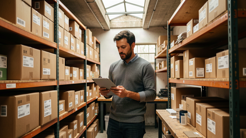 Un entrepreneur e-commerce dans son atelier préparant ses données produit pour les rendre visibles aux IA