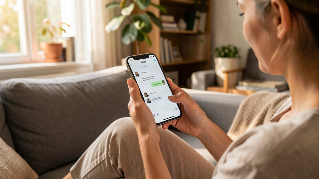 Un acheteur utilisant un assistant IA conversationnel sur son smartphone pour rechercher des produits