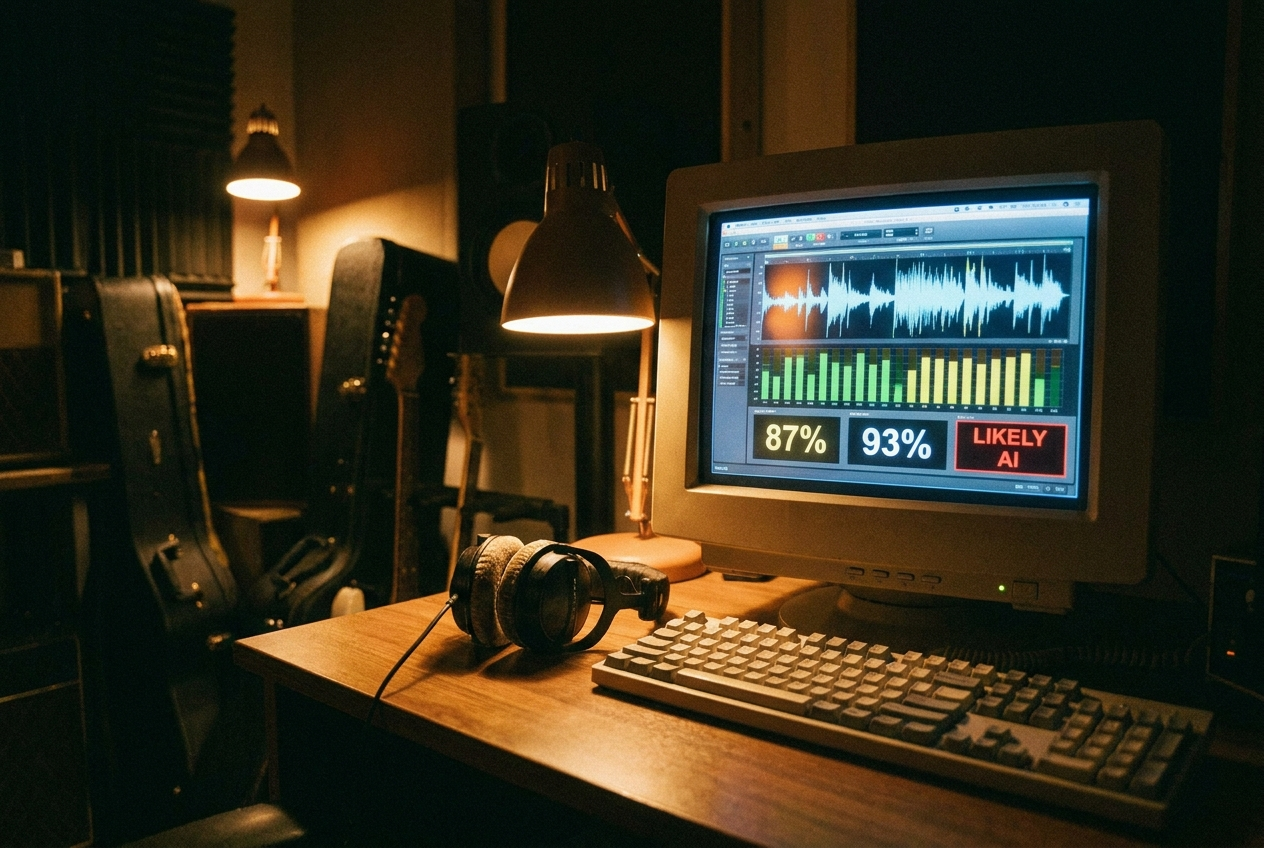 alt text: A digital dashboard showing audio waveform analysis with AI detection scores and percentage breakdowns
