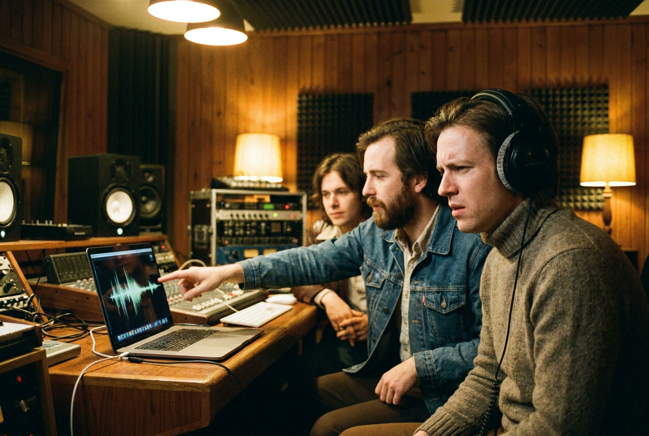 alt text: Musicians in a studio debating whether a track is AI generated while looking at detection results