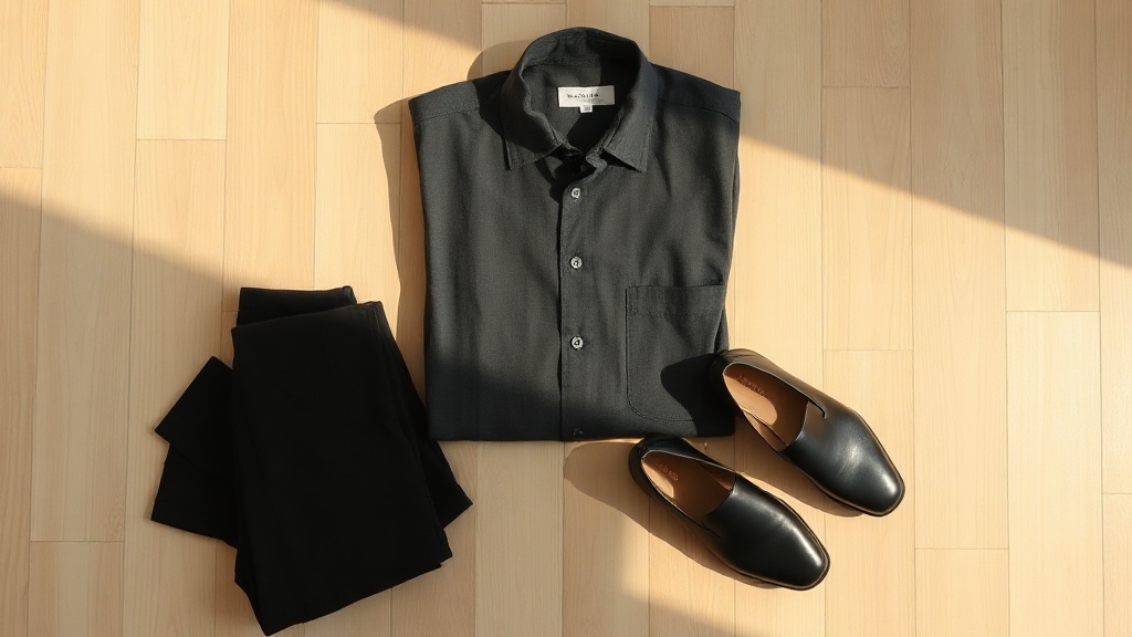 Tenue sobre pour enterrement bouddhiste : chemise grise, pantalon noir et chaussures fermées