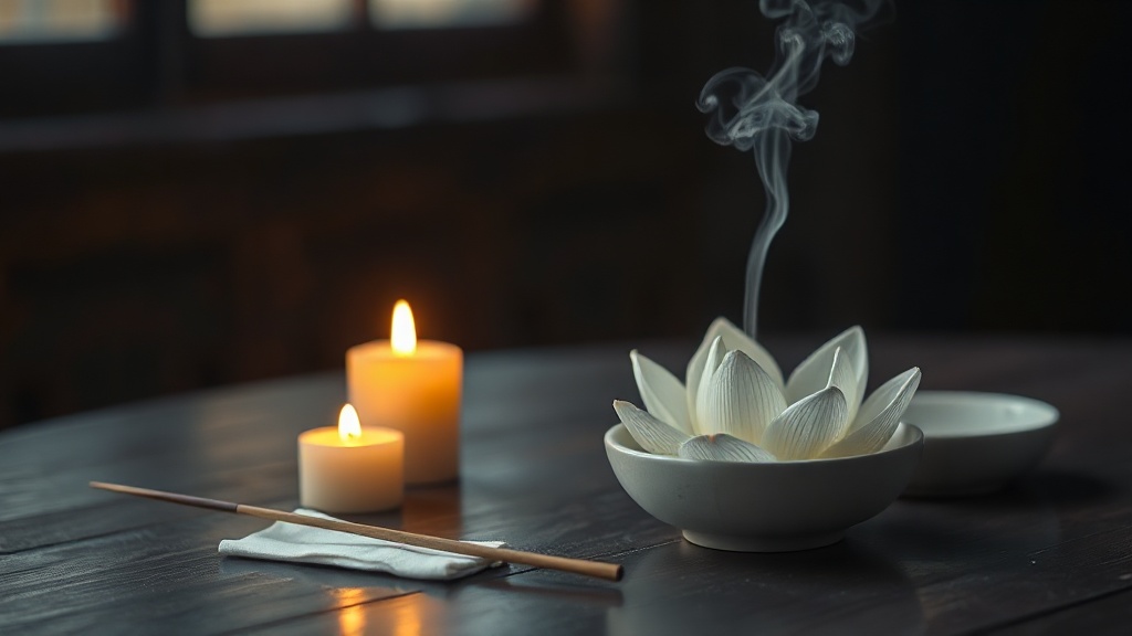 Fleurs de lotus blanches et encens lors d'une cérémonie funéraire bouddhiste