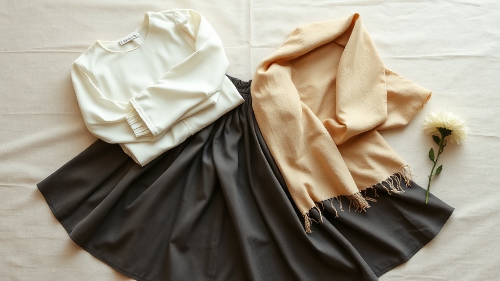 Tenue feminine discrète pour cérémonie bouddhiste : chemisier clair, jupe midi grise et châle beige