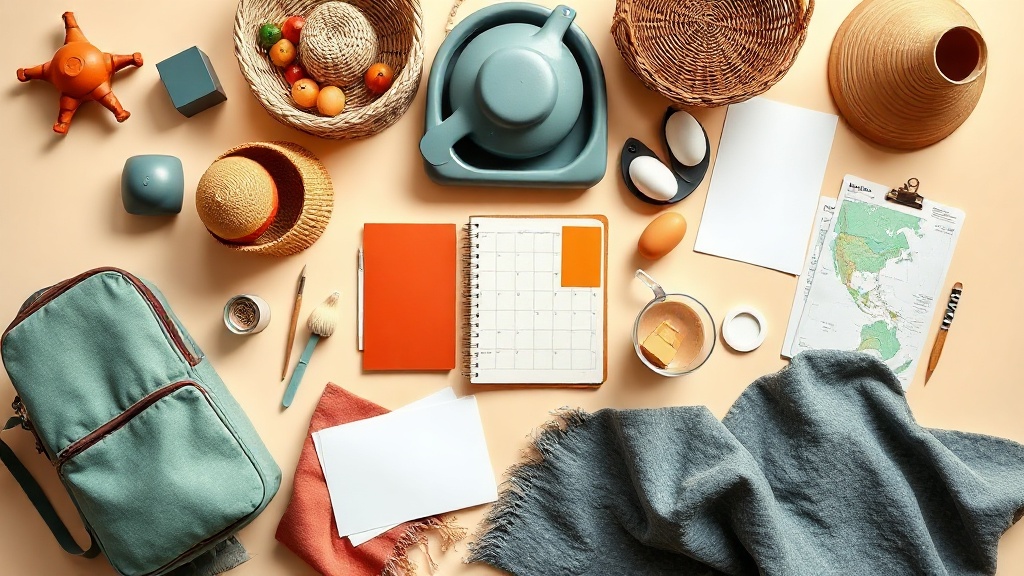 An open travel bag with folded clothes, shoes, a pouch, and a simple packing checklist beside it
