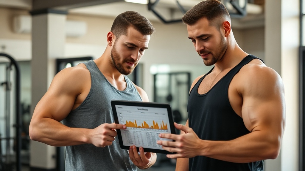 Professional personal trainer reviewing a training periodization chart on a tablet with a client in 