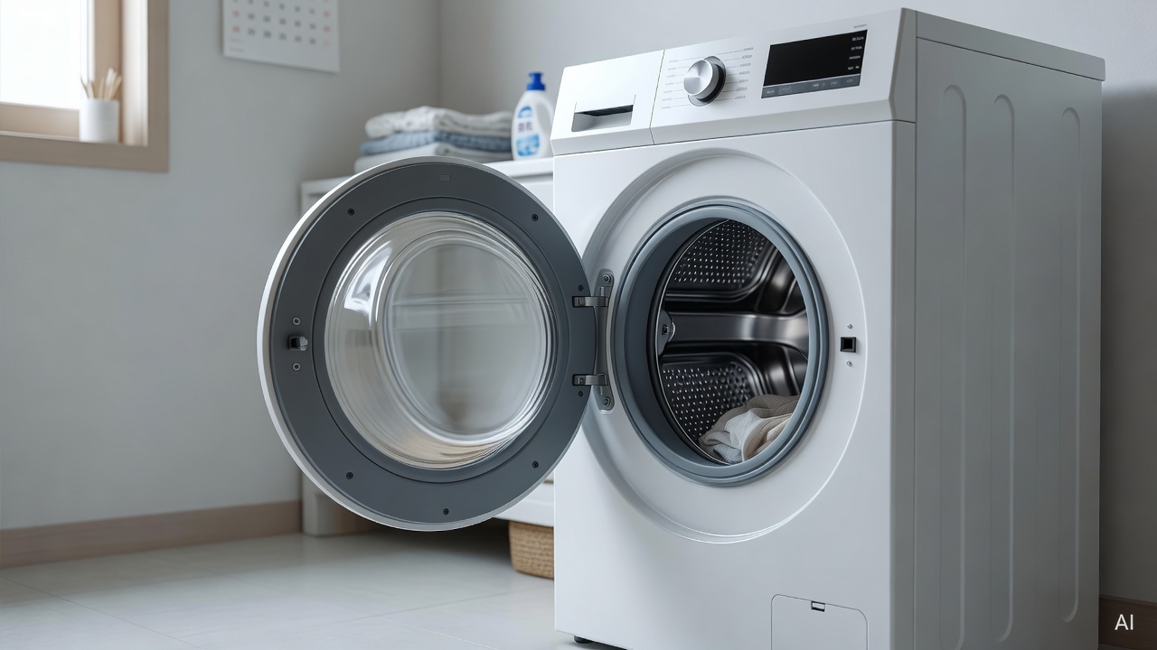 open washing machine door with ventilation in laundry room, bright clean space