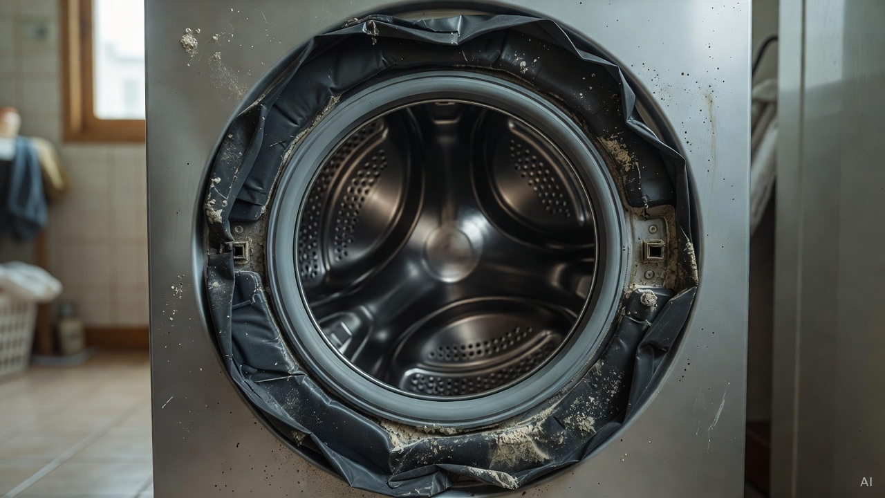 front-loading washing machine drum interior with visible rubber door gasket and residue buildup