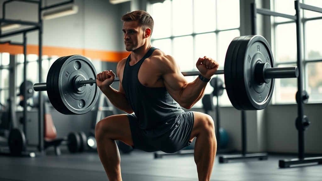 Athletic man performing a barbell back squat with heavy weight in a bright, modern gym, side angle, 