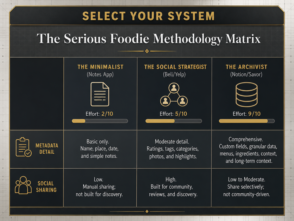 Comparison chart of three food cataloging methods: Minimalist Notes, Social Strategist, and Archivist Database, showing effort levels and detail.
