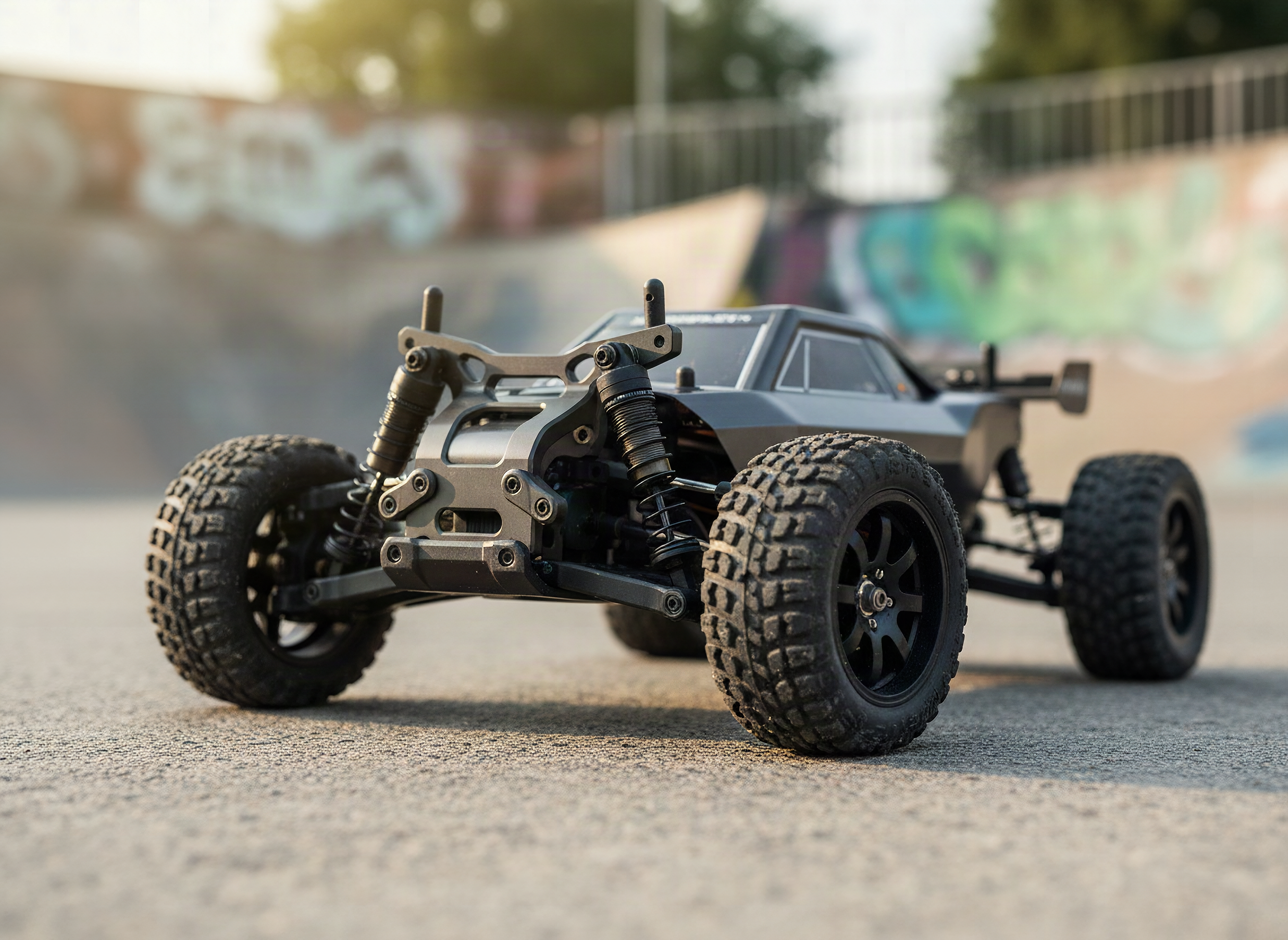 Macro close-up of a remote control car's metallic chassis and textured wheels in sharp detail