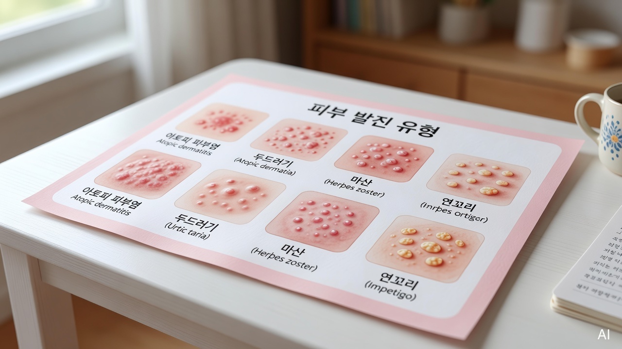 close-up of various illustrated skin rash types on a pastel educational chart placed on a white wooden table