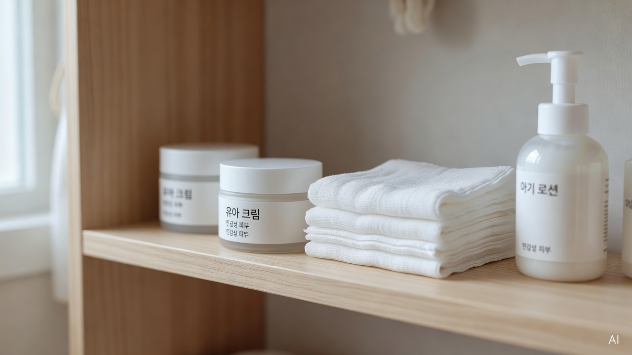 baby skincare products including cream and gauze arranged on a light wooden shelf
