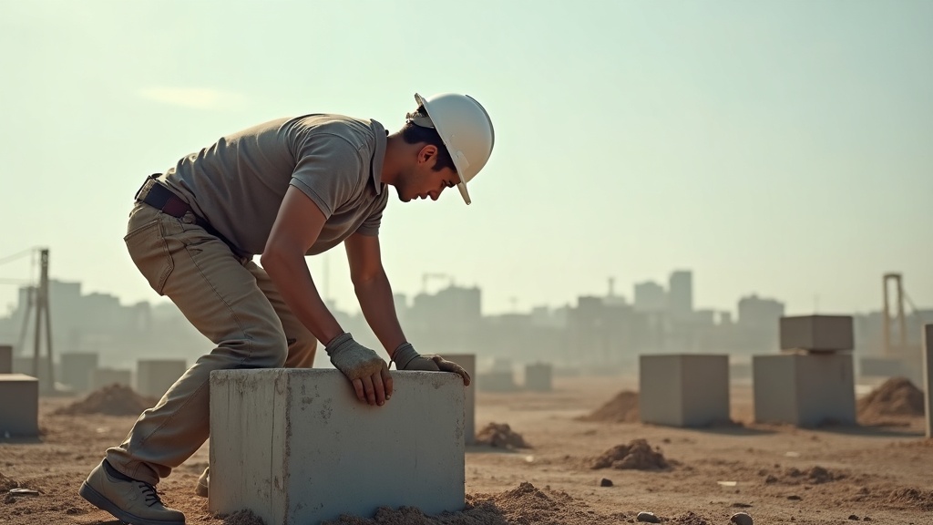 Trabajador de construcción usando cinturón lumbar ergonómico en obra