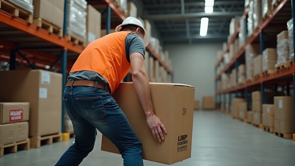 Trabajador de almacén con faja lumbar levantando carga con técnica correcta