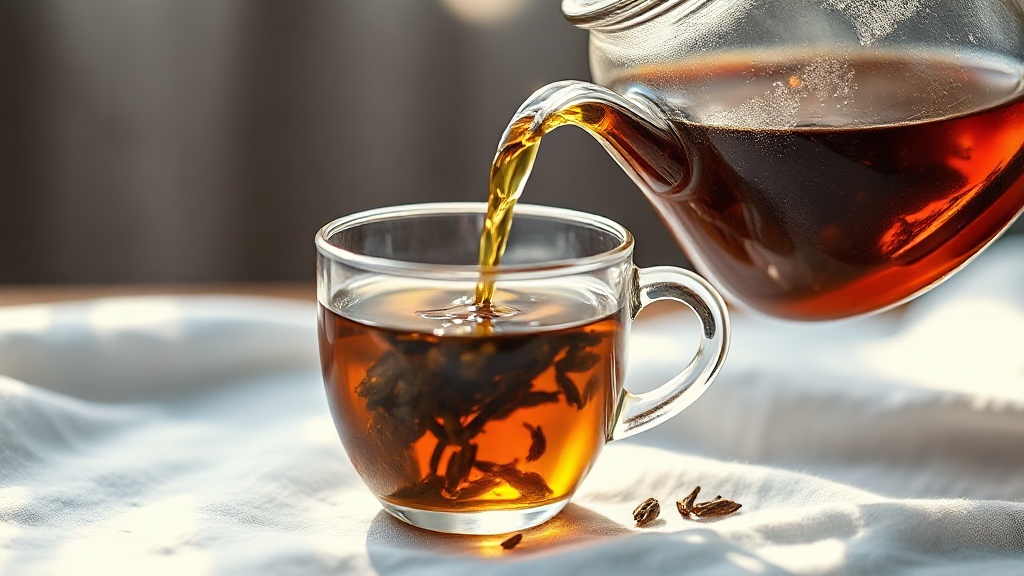 Versement de thé en feuilles dans une tasse en verre, vapeur et couleur ambrée visible