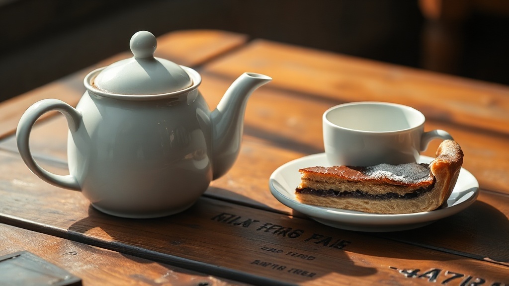 Théière en céramique blanche et pâtisserie maison dans un salon de thé français cosy