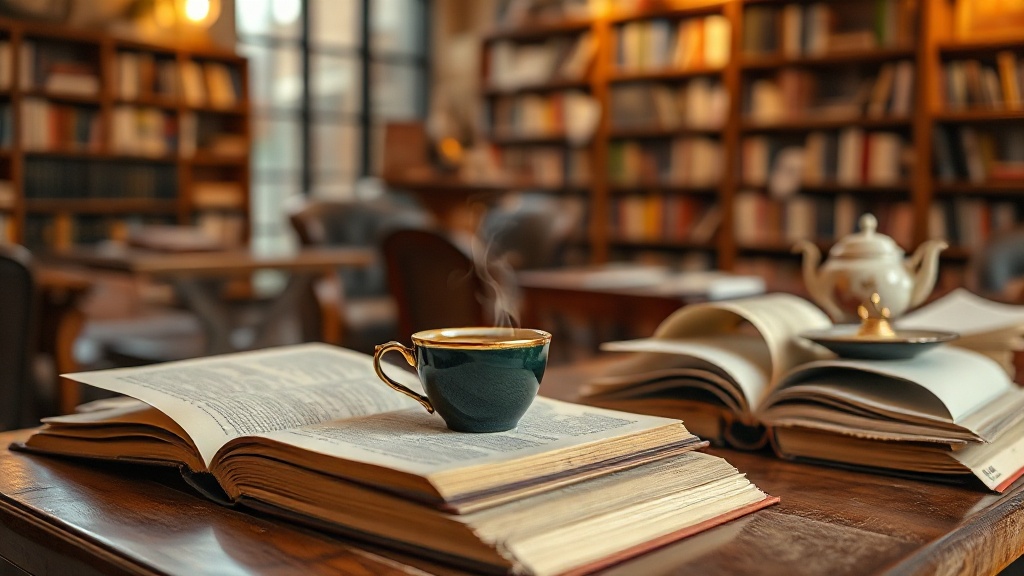 Salon de thé littéraire avec livres ouverts et tasse fumante posée sur une table en bois
