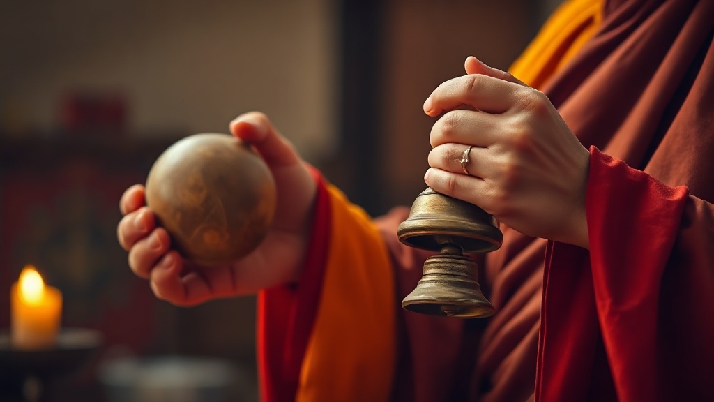 Tibetan practitioner holding a damaru drum and bell during a Chod ritual