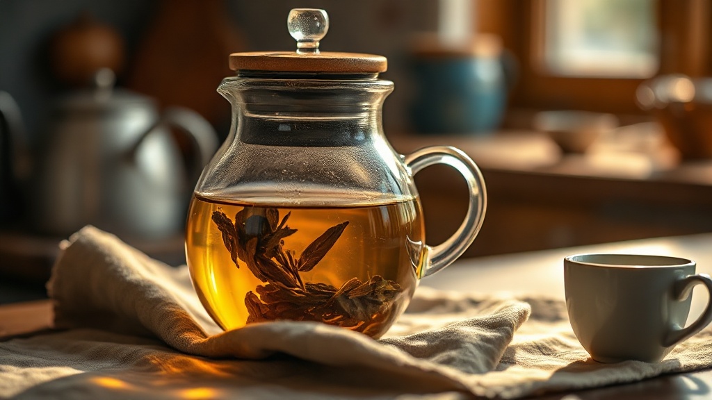 Théière en verre avec infuseur et thé vert en train d'infuser, lumière dorée naturelle