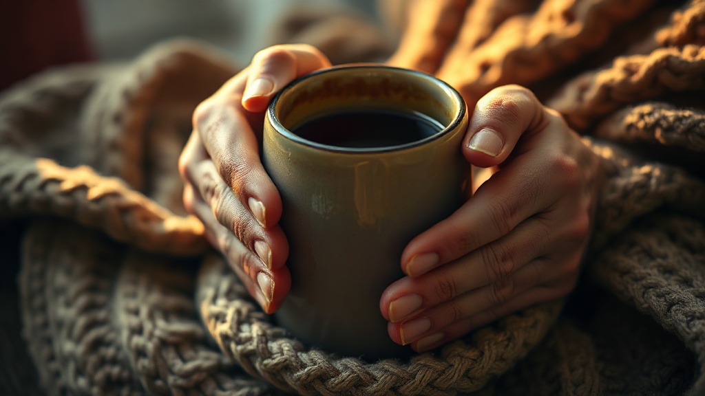 Mains tenant une tasse de thé noir fumant, atmosphère chaleureuse et cosy