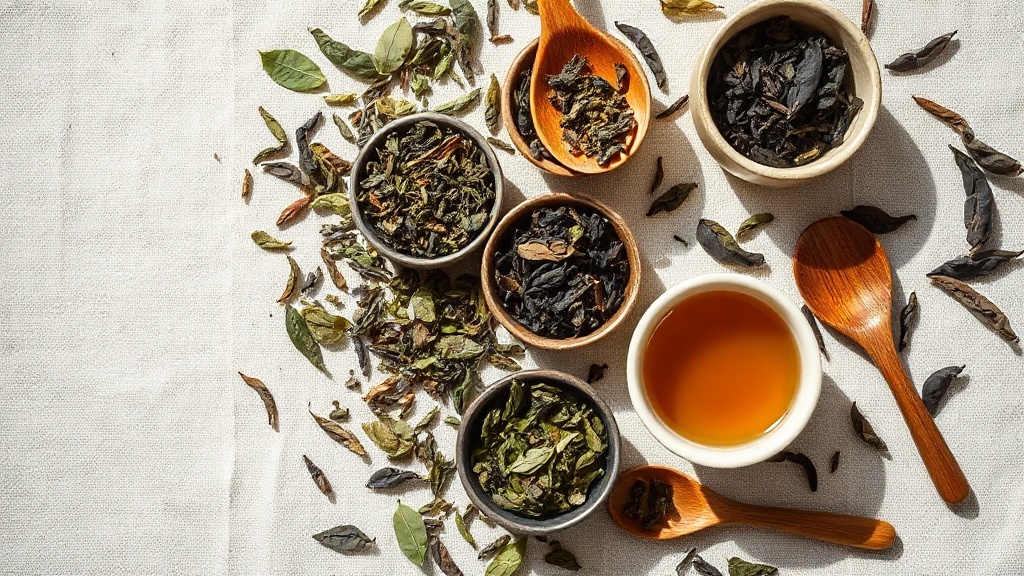 Différentes variétés de thé en vrac : vert, noir, blanc et oolong dans des bols en céramique